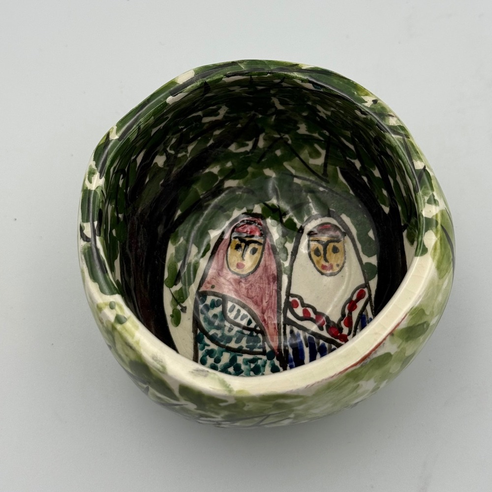 Hand Painted Studio Pottery Bowl Folk Art Forest Figures Green Ceramic 3.25in - Picture 1 of 8